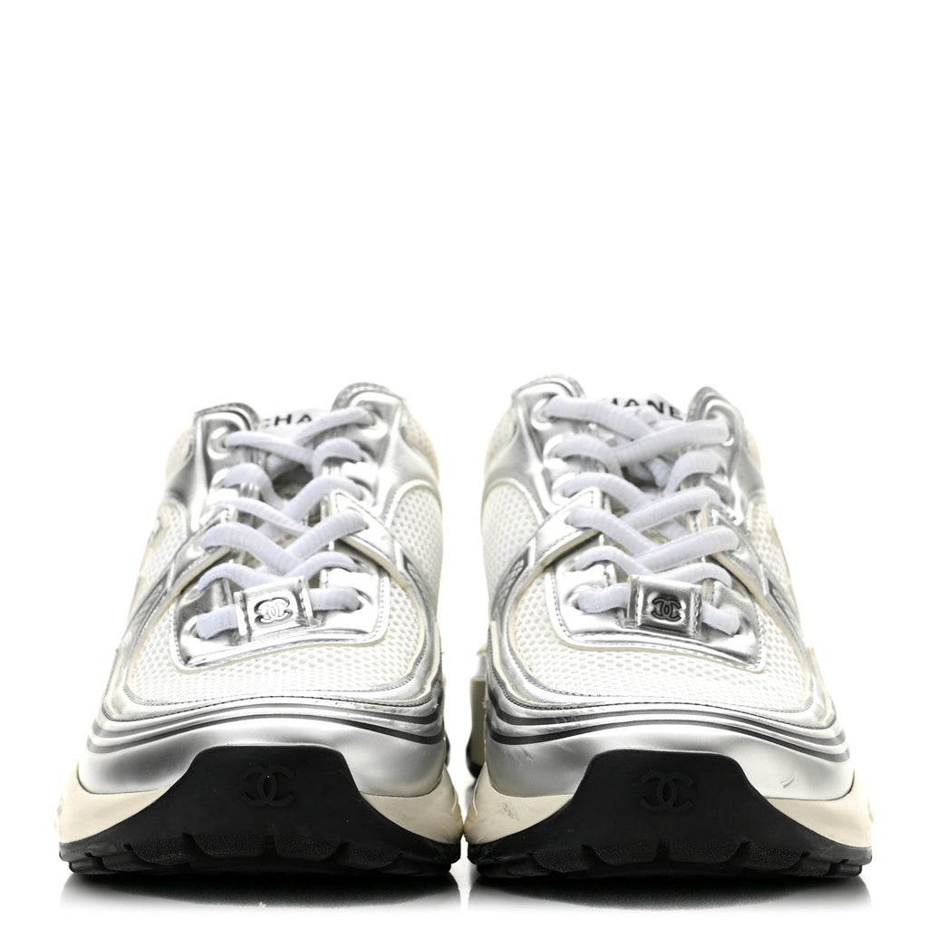 Fabric Laminated Calfskin Stretch CC Sneakers 37.5 White Silver