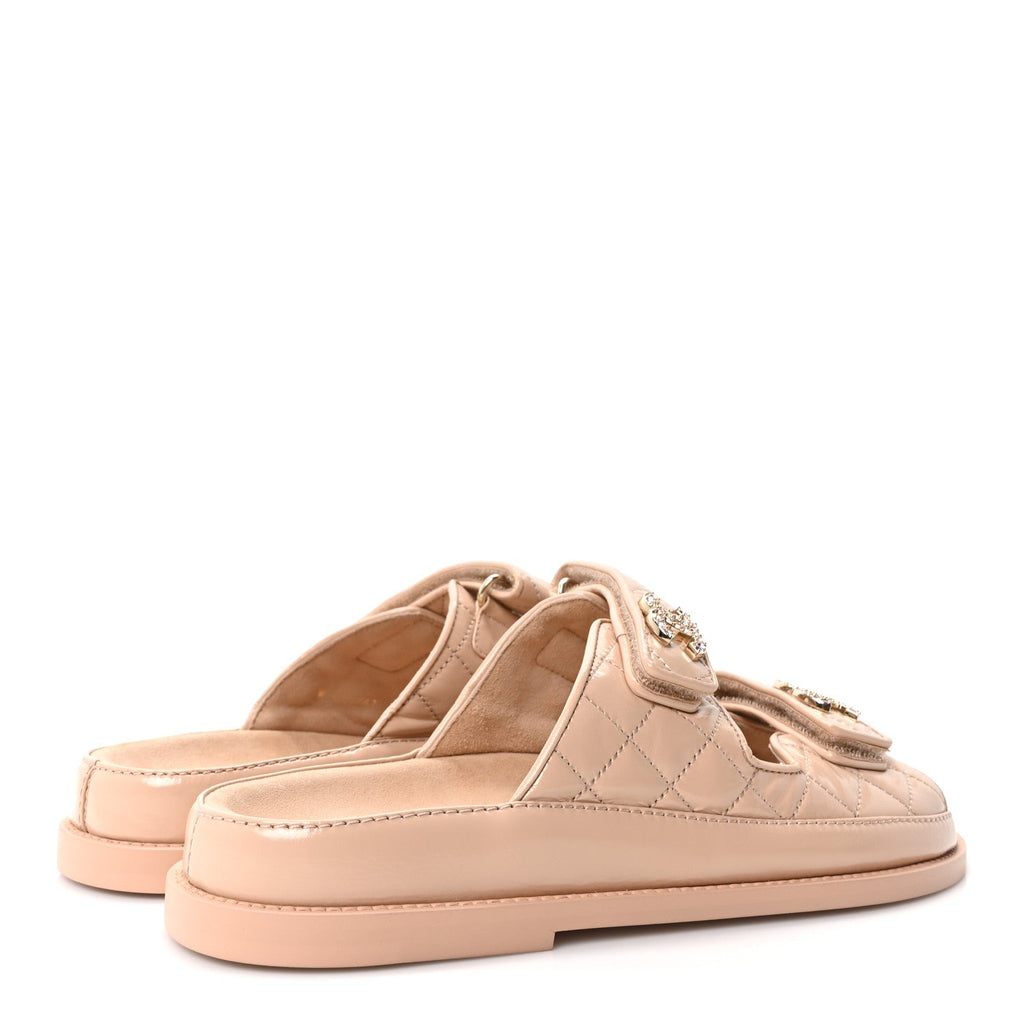 Shiny Calfskin Quilted Velcro Dad Crystal CC Slide Sandals 38 Beige