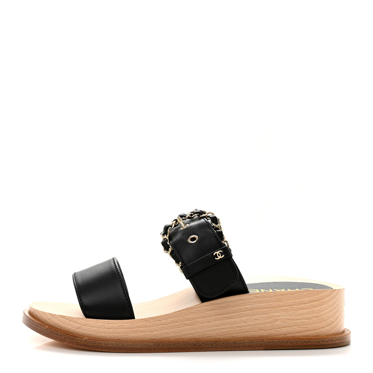 Calfskin Wood Buckle Sandals 36 Black