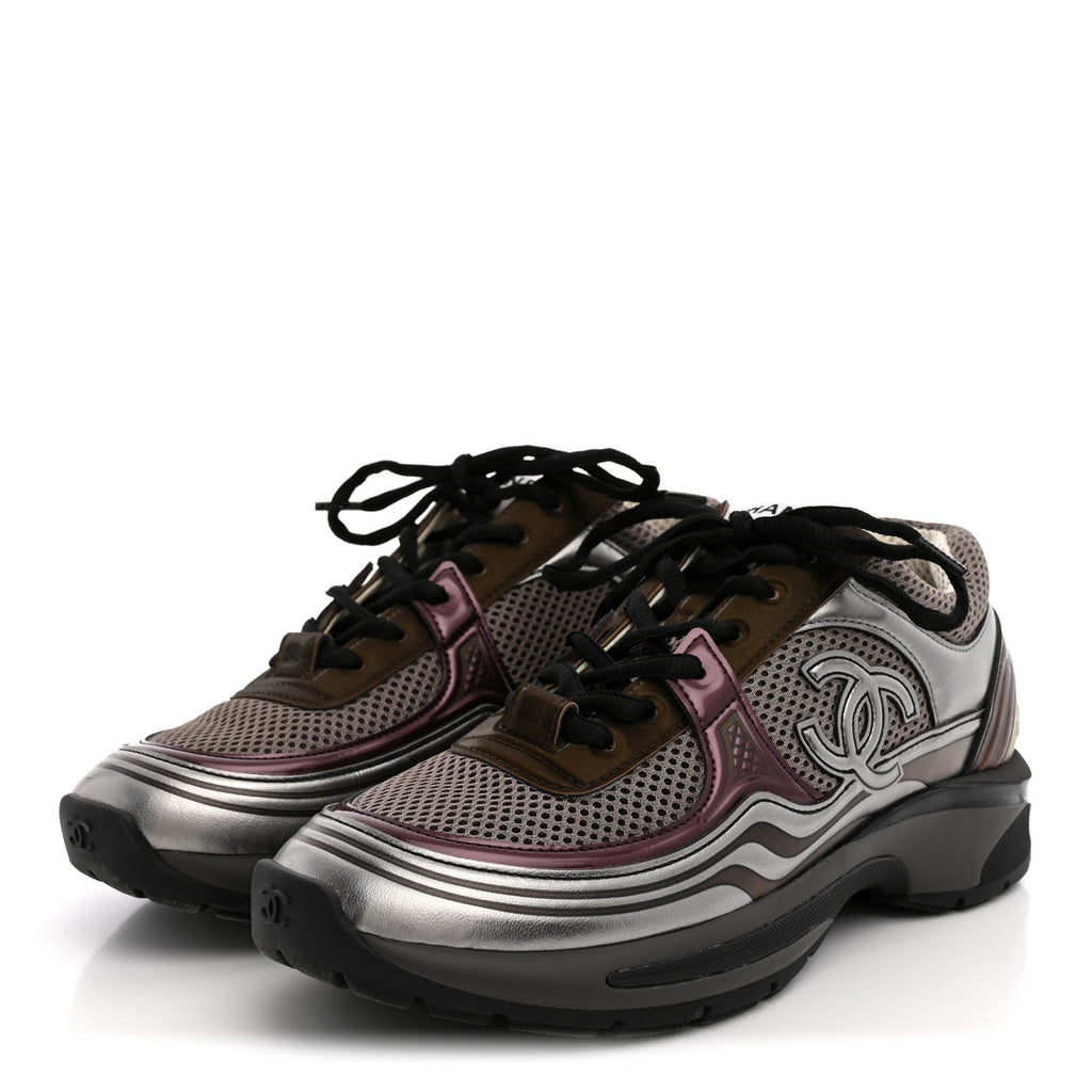 Fabric Laminated Calfskin Stretch CC Womens Sneakers 37.5 Khaki Silver Dark Purple