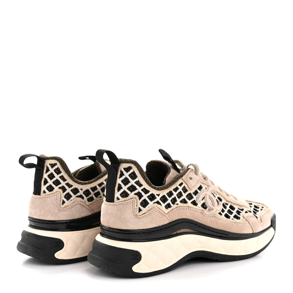 Suede Calfskin Embroidered CC Sneakers 35.5 Beige Black