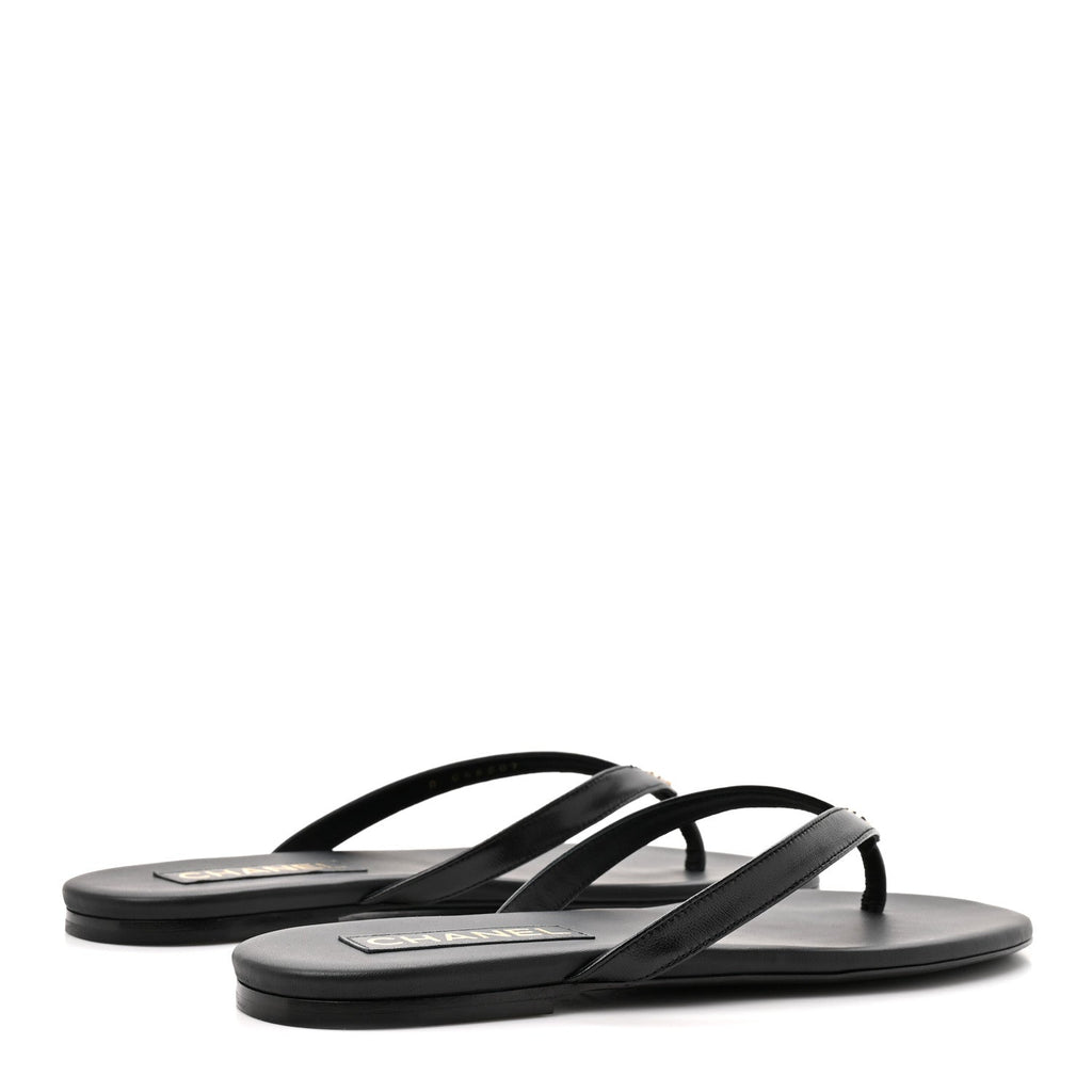 Shiny Lambskin Crystal CC Thong Sandals 39.5 Black