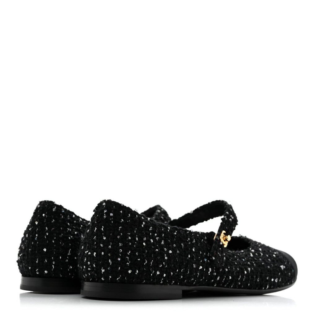 Tweed Sequin Grosgrain Cap Toe Mary Jane Flats 39 Black