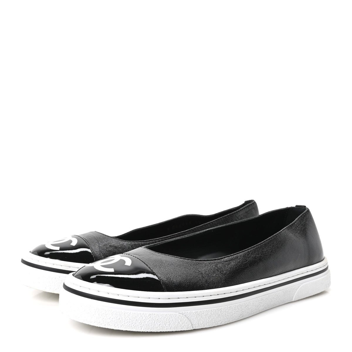 Crumpled Shiny Lambskin Patent Calfskin CC Ballet Flats 36.5 Black