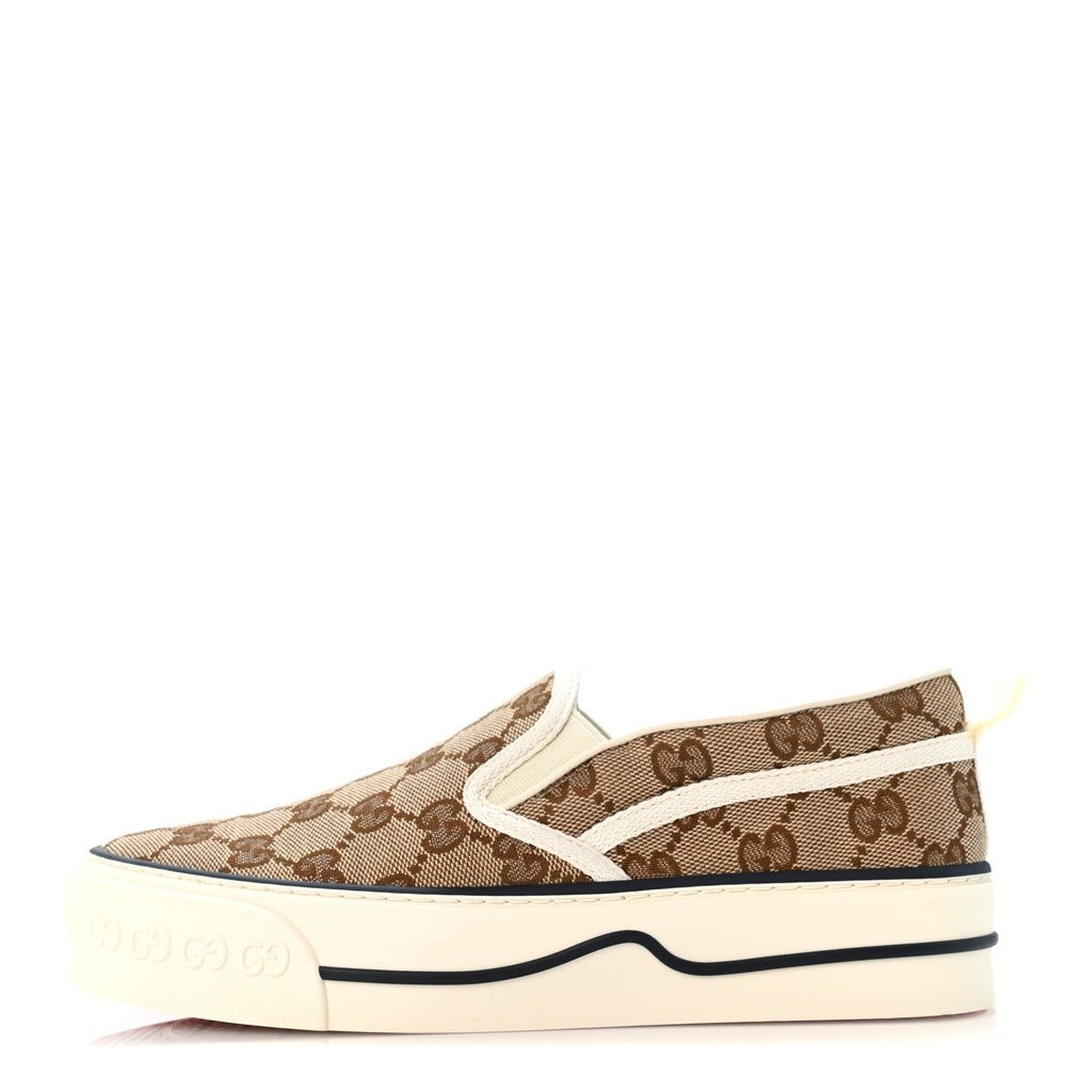 GG Monogram Womens 1977 Tennis Slip On 30mm Sneakers 35.5 Beige Ebony Mystic White