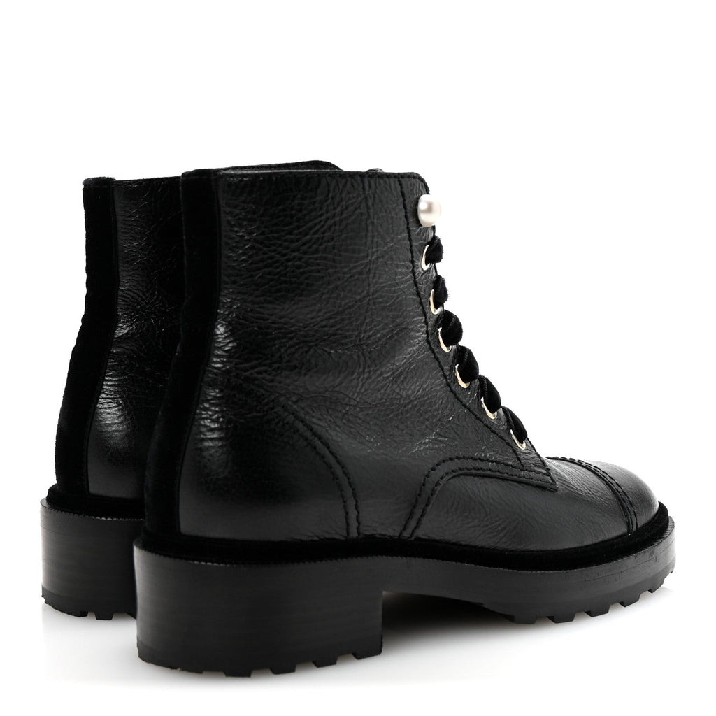 Shiny Calfskin Velvet Pearl Combat Short Boots 37 Black