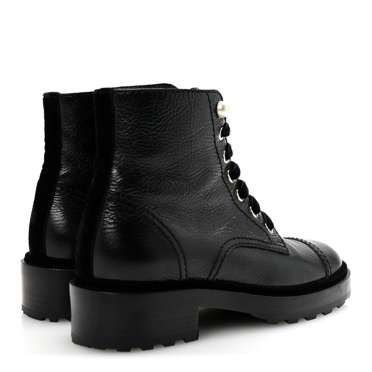 Shiny Calfskin Velvet Pearl Combat Short Boots 37 Black