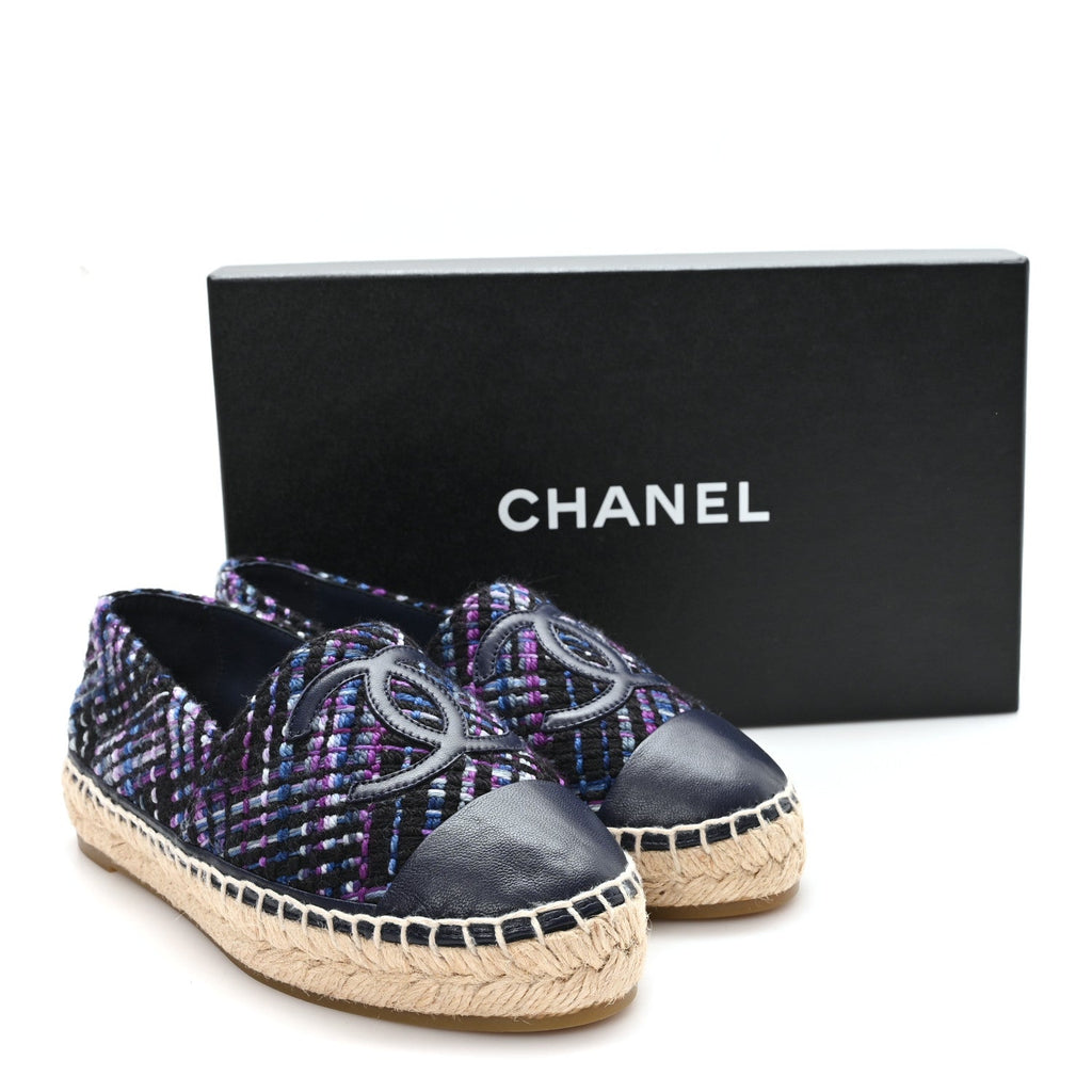 Tweed Grosgrain CC Espadrilles 35 Purple Black Navy
