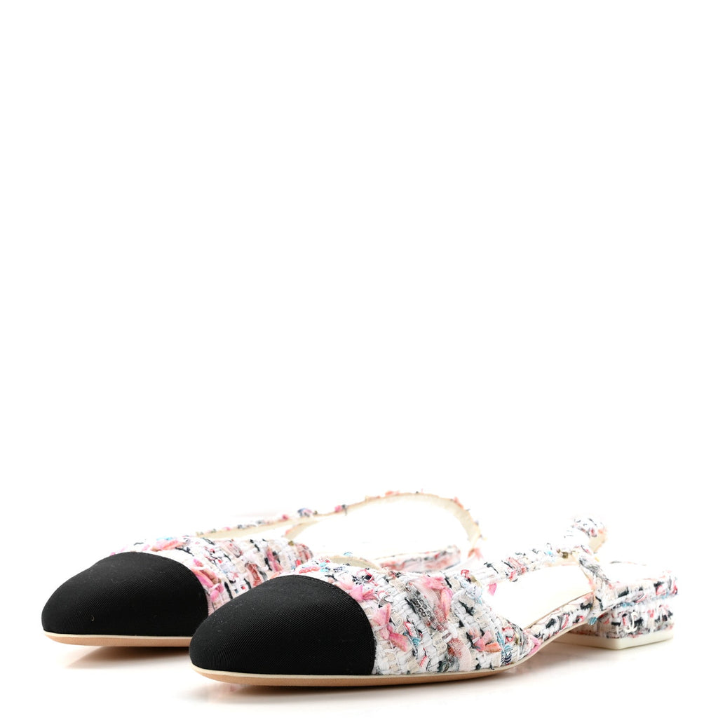 Tweed Grosgrain Cap Toe CC Slingback Flat 36.5 Pink Multicolor