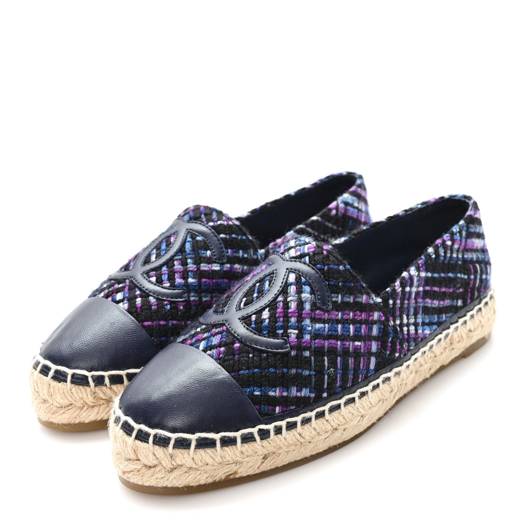 Tweed Grosgrain CC Espadrilles 35 Purple Black Navy