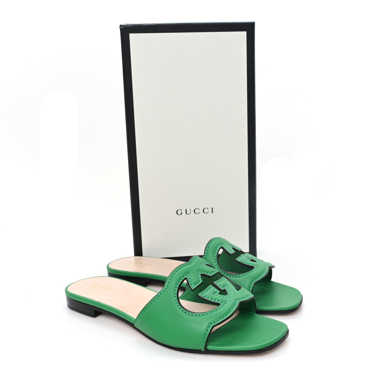Cosmos Softy Calfskin Interlocking G Cut Out Slide Sandals 38.5 New Shamarock