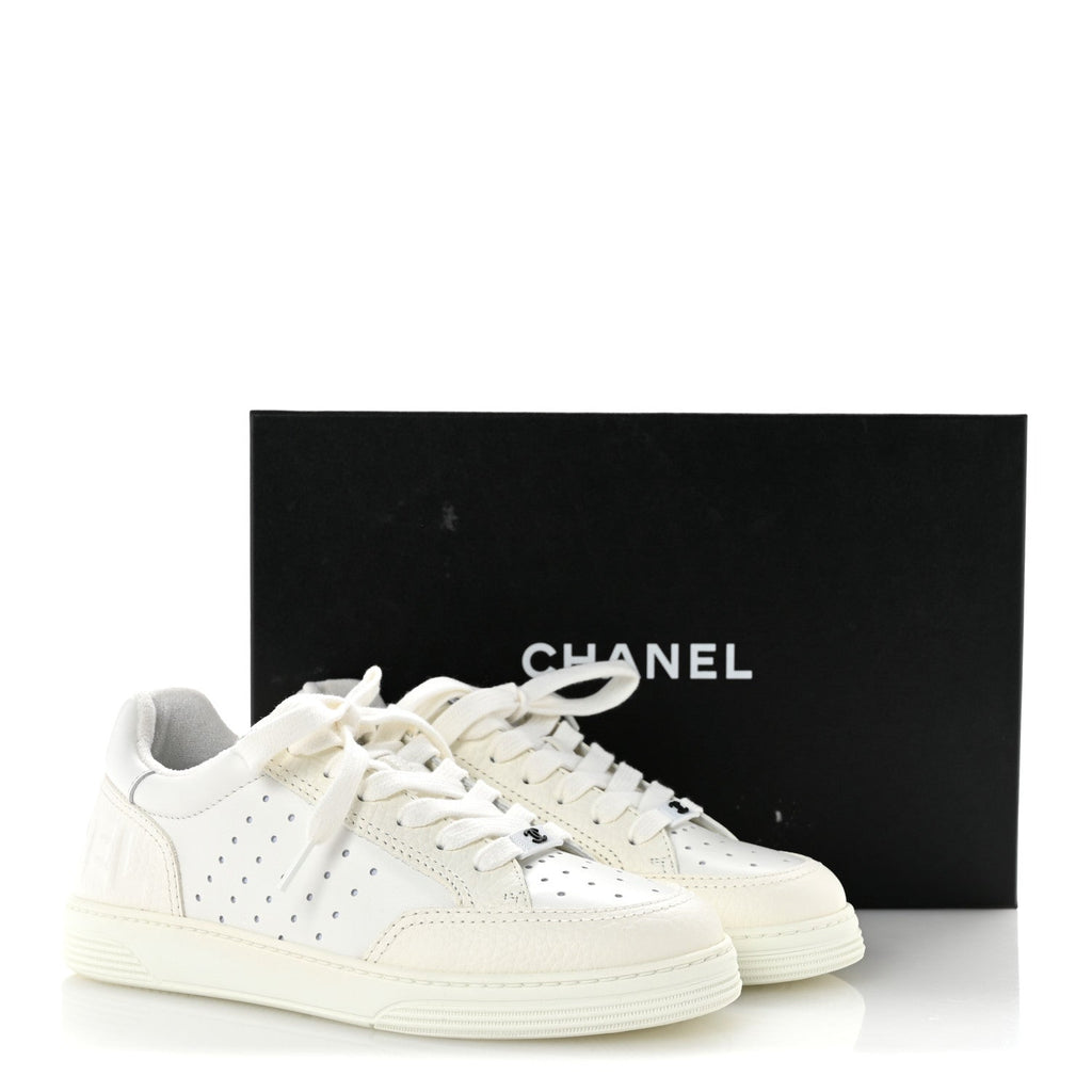 Grained Calfskin Fabric Womens Logo Sneakers 37.5 White 37.5 White