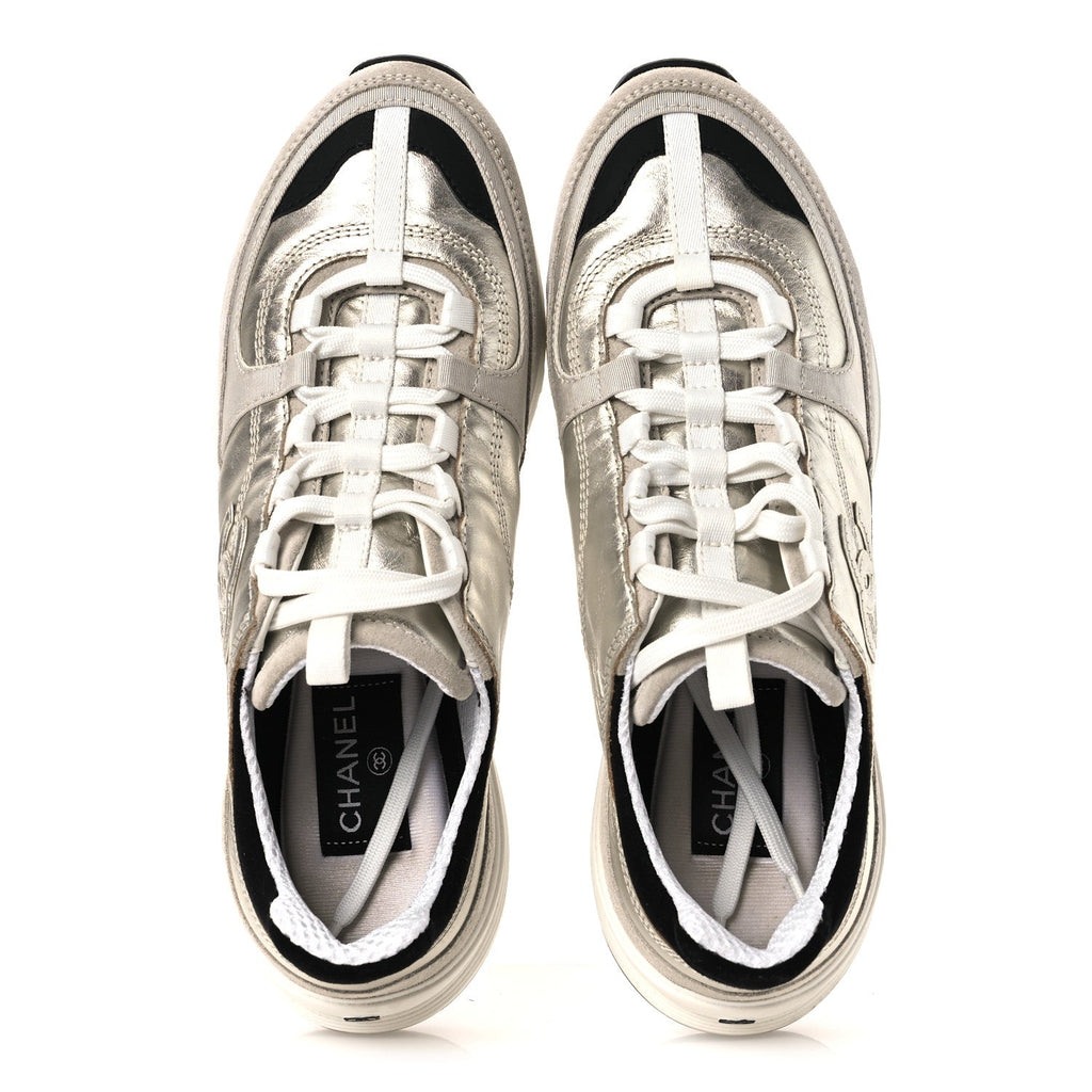 Suede Metallic Calfskin Womens CC Sneakers 39.5 White Silver