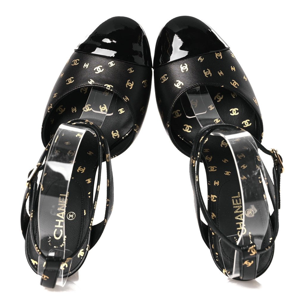 Printed Lambskin CC Platform Pumps 37.5 Black Gold