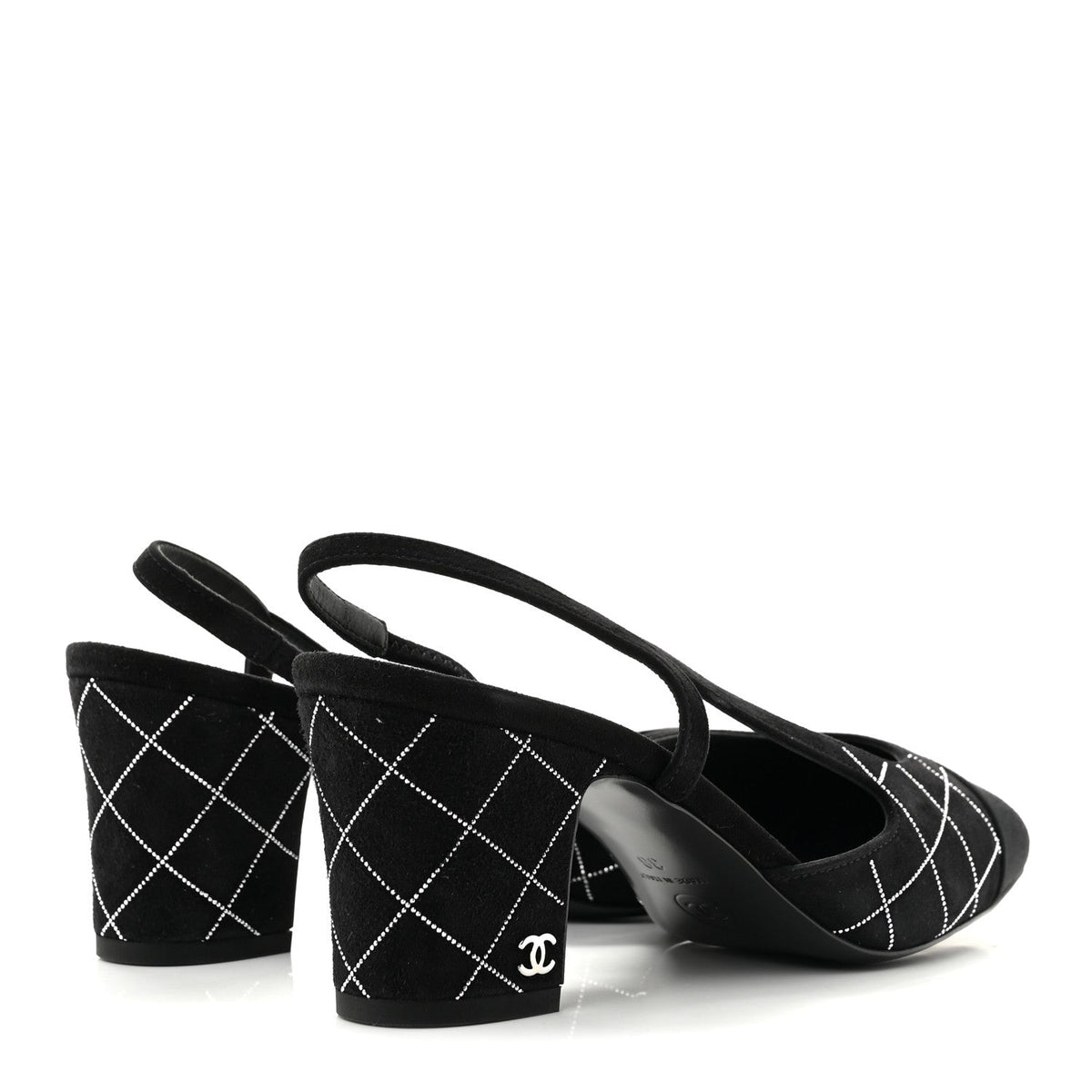 Suede Crystal Grosgrain Cap Toe CC Slingback Pumps 38 Black Silver