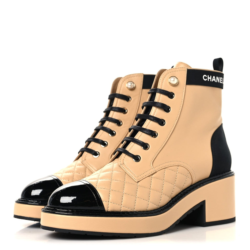 Lambskin Patent Calfskin Quilted Lace Up Boots 38 Beige Black
