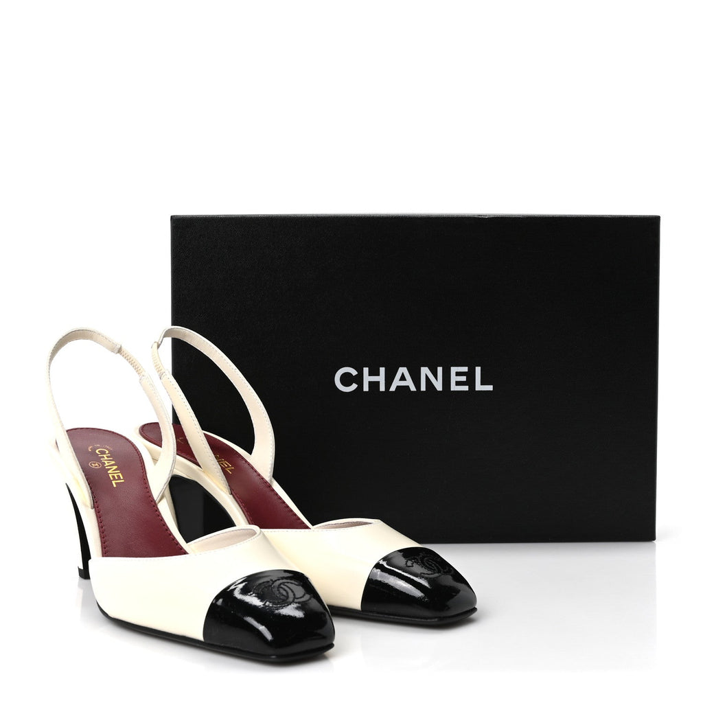 Lambskin Patent Calfskin Cap Toe CC Slingback Pumps 37.5 Ivory Black