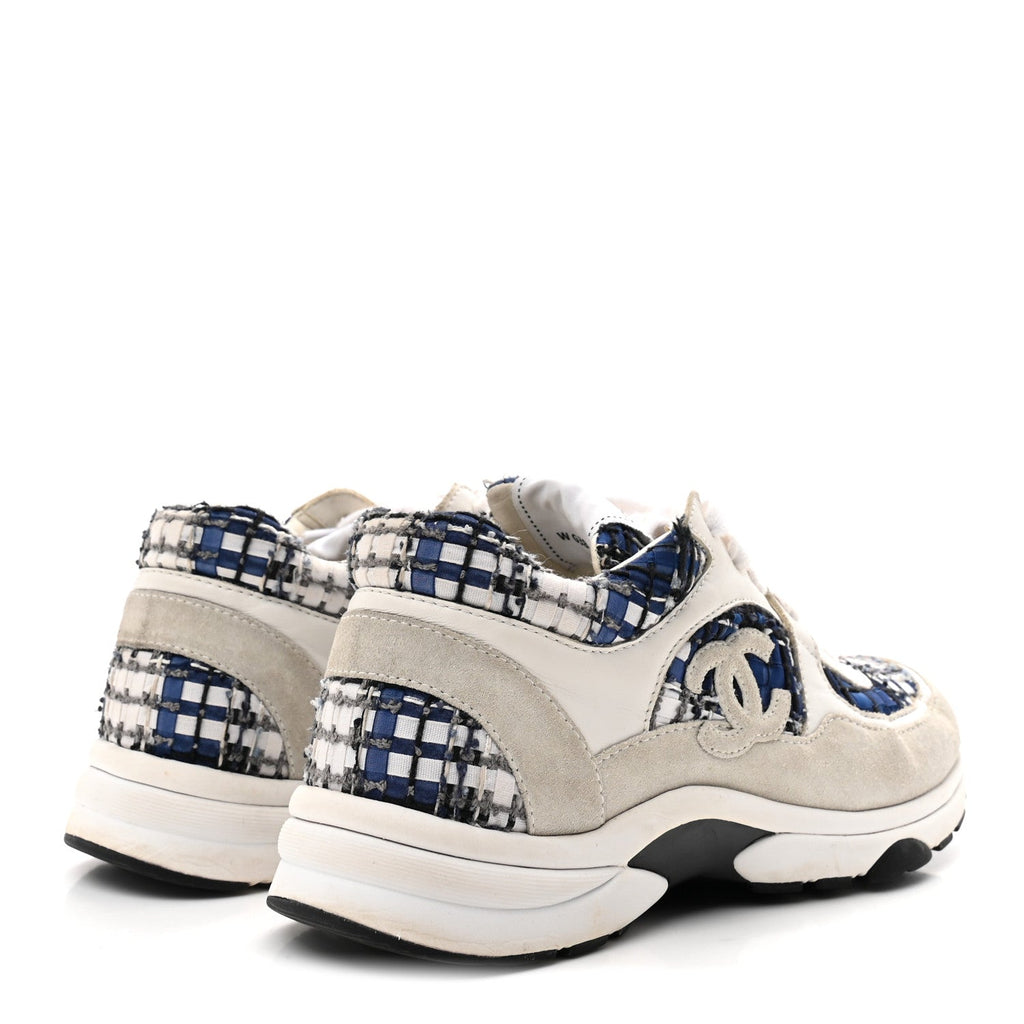 Tweed Suede Calfskin Womens CC Sneakers 37 Dark Blue Black Grey White