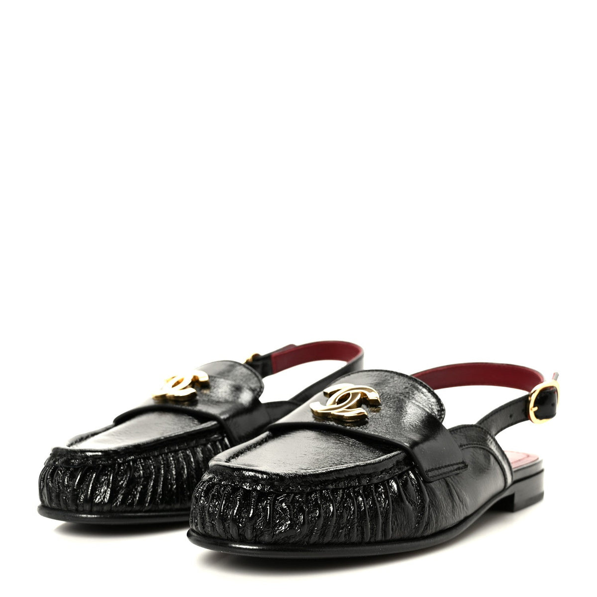 Crumpled Shiny Lambskin CC Slingback Mocassin 37.5 Black