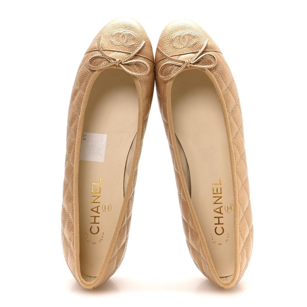 Caviar Quilted CC Cap Toe Ballerina Flats 41 Beige