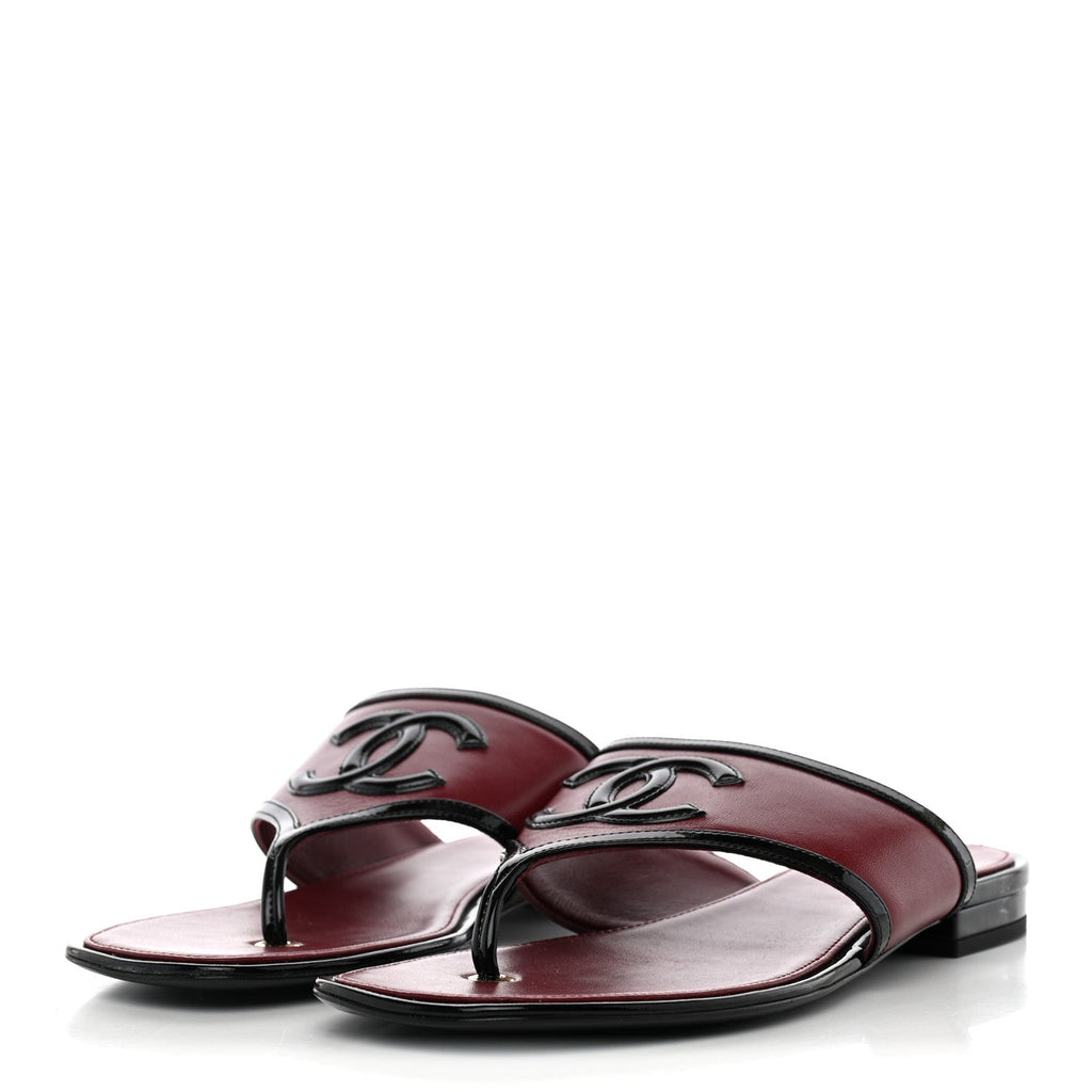 Lambskin Patent Calfskin CC Thong Sandals 37 Burgundy Black