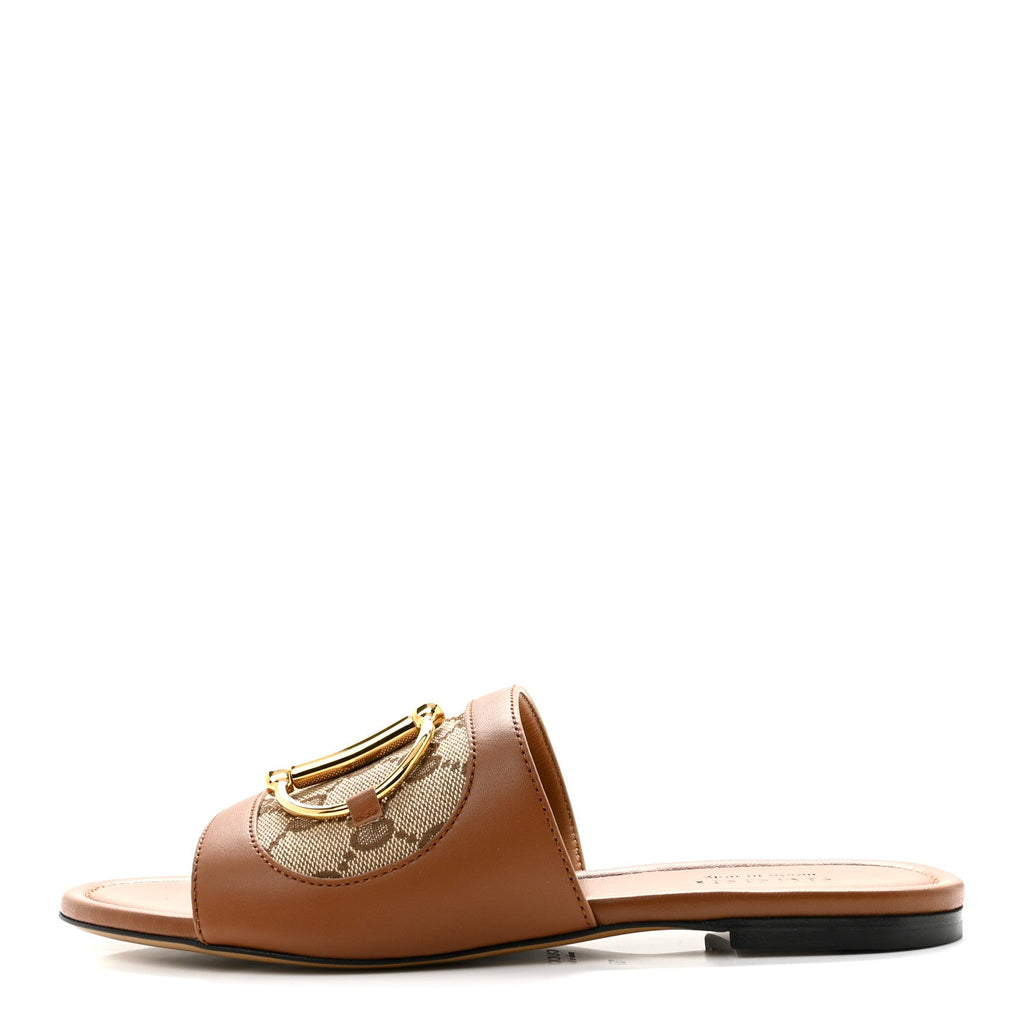 Calfskin Monogram Horsebit Womens Slide Sandals 37 Beige Ebony Sundial