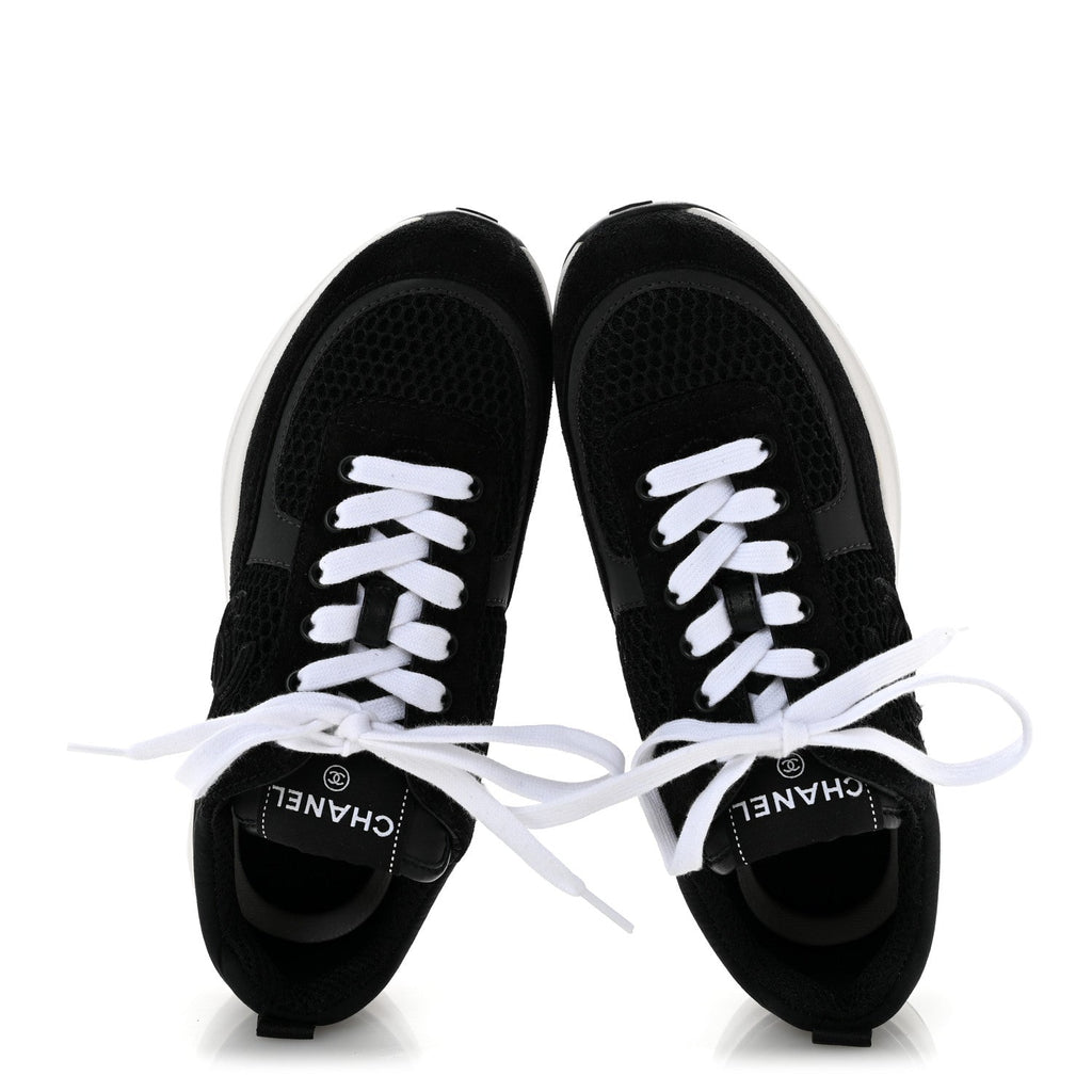 Calfskin Mesh Lycra Suede Womens Logo Sneakers 36 Black