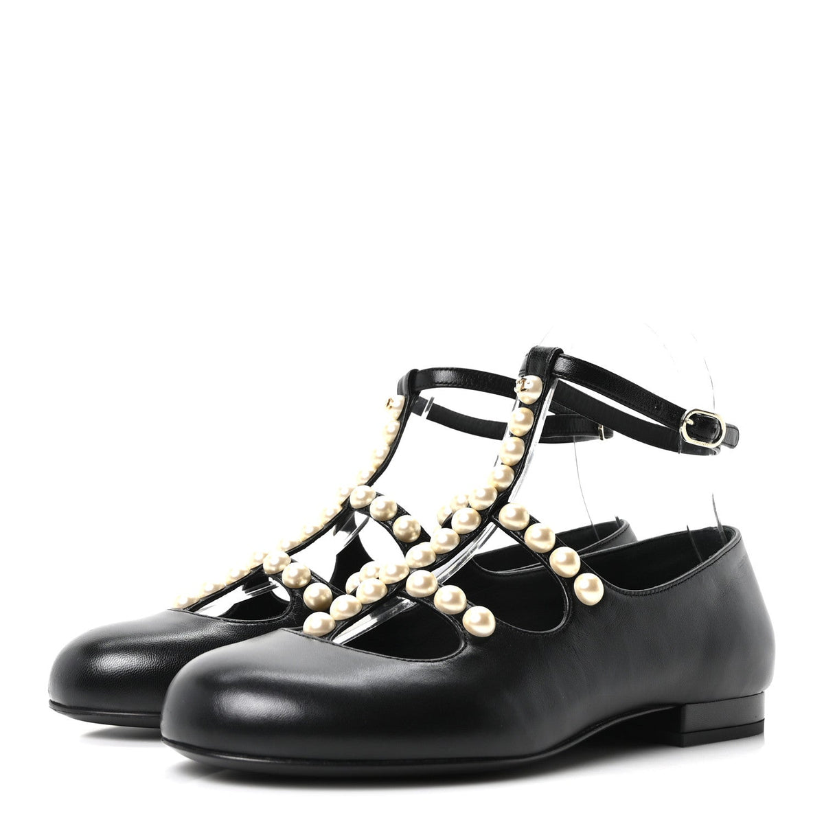 Goatskin Pearl Mary Janes Flats 35 Black
