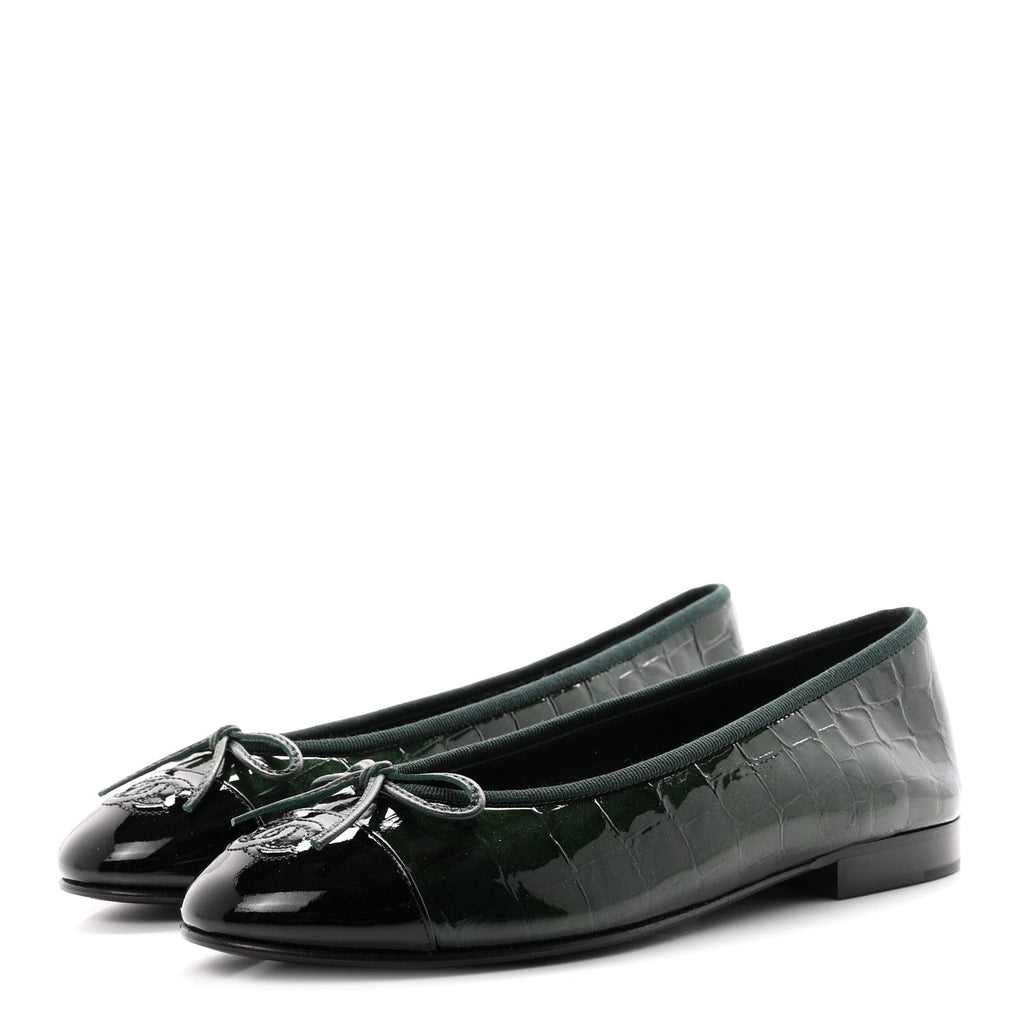 Patent Calfskin Crocodile Embossed Ballerina Flats 36.5 Dark Green Black