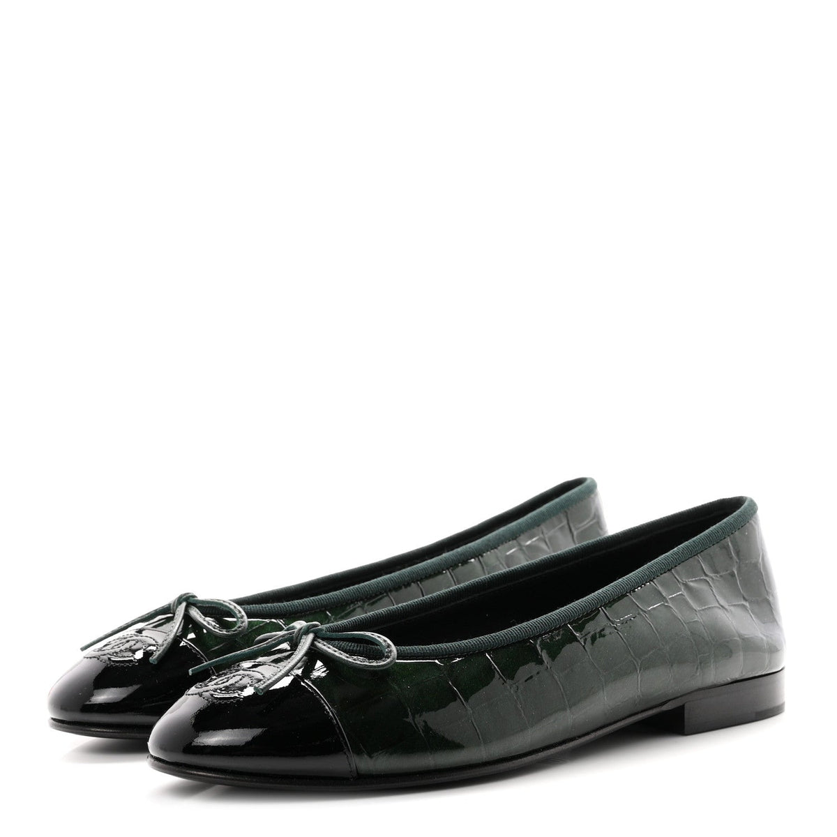 Patent Calfskin Crocodile Embossed Ballerina Flats 36.5 Dark Green Black
