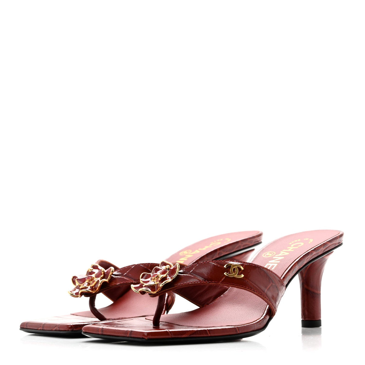 Crocodile Embossed Patent Calfskin Camellia Thong Sandals 36 Burgundy