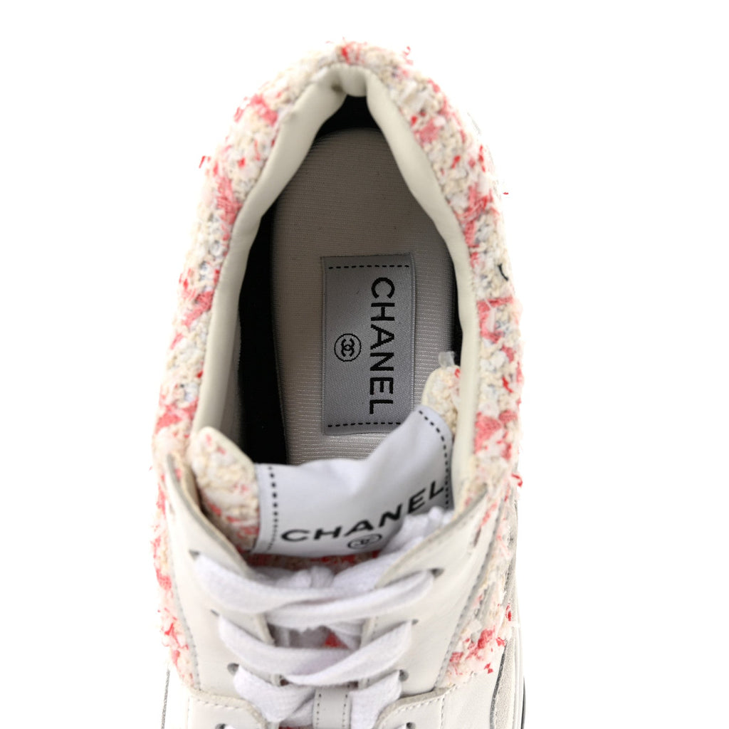 Tweed Suede Calfskin Womens CC Sneakers 40.5 Ecru Pink Red White