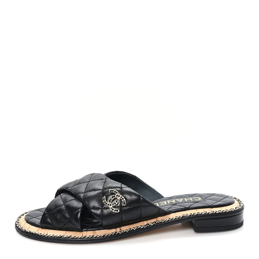 Shiny Lambskin Quilted Chain CC Sandals 38 Black