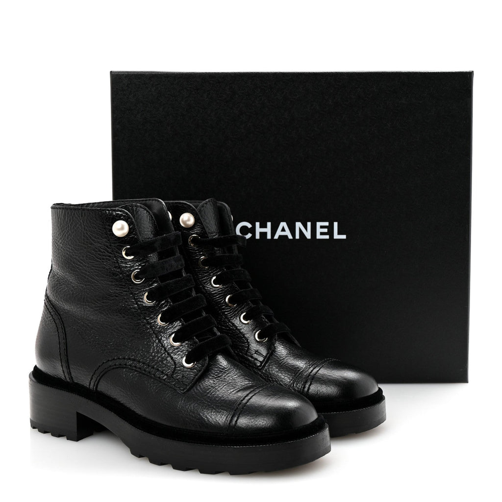 Shiny Calfskin Velvet Pearl Combat Short Boots 37 Black