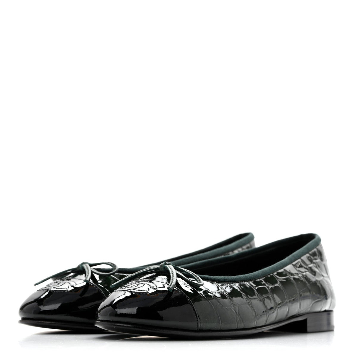 Patent Calfskin Crocodile Embossed Ballerina Flats 37 Dark Green Black