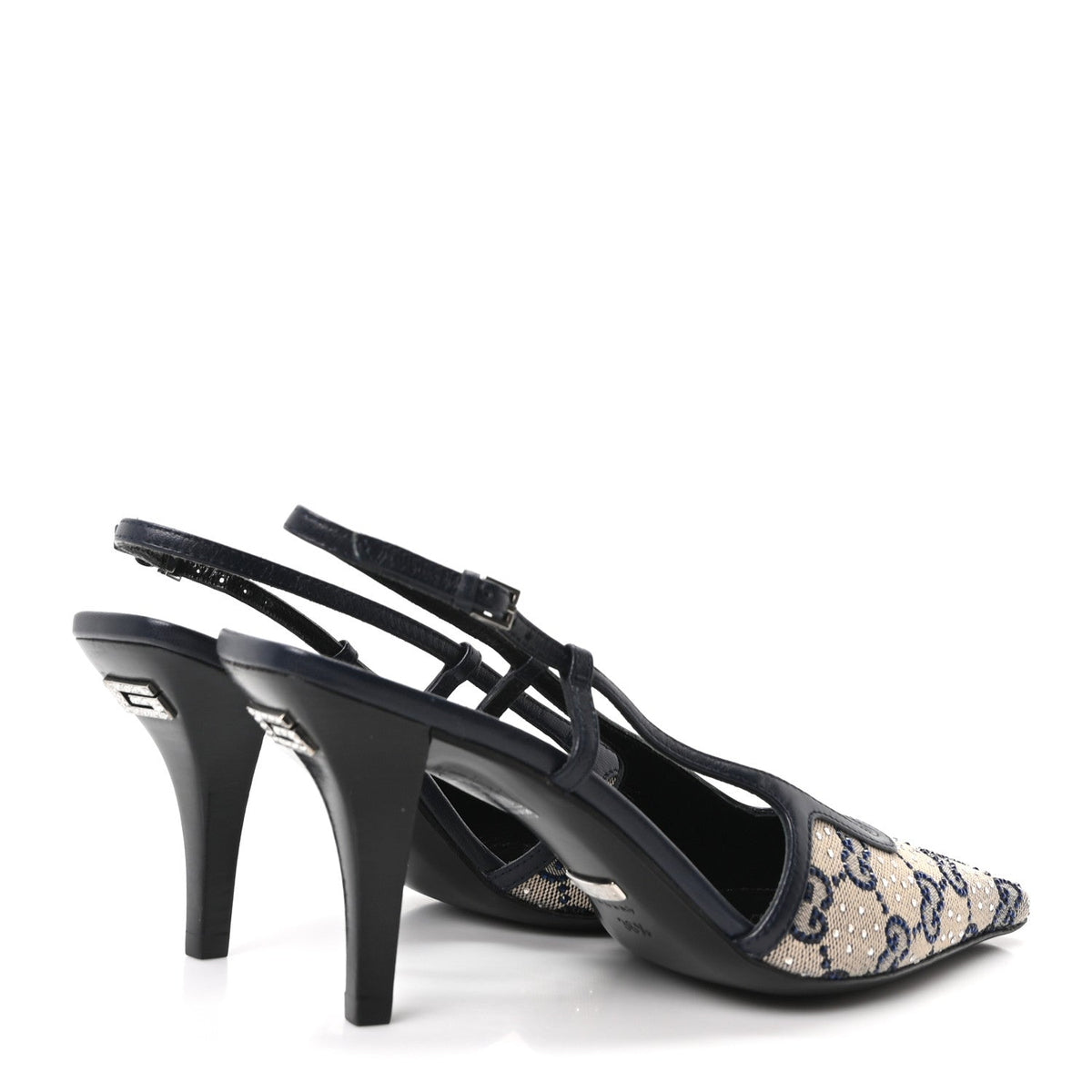 GG Monogram Malaga Kid Crystal Square G 75mm Slingback Pumps 36.5 Beige Blue