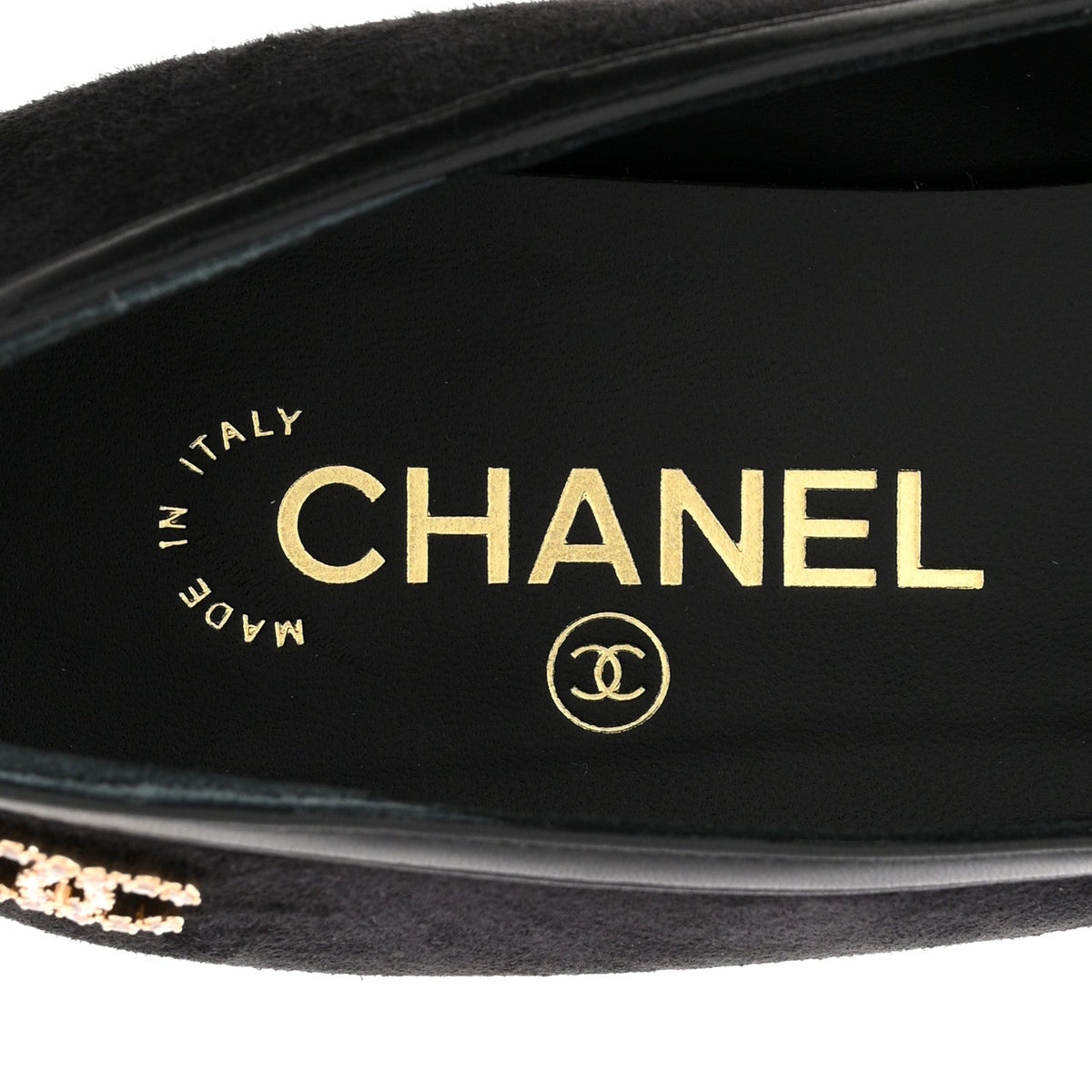 Suede Kidskin Lambskin Patent Calfskin Crystal CC Cap Toe Flats 40 Black
