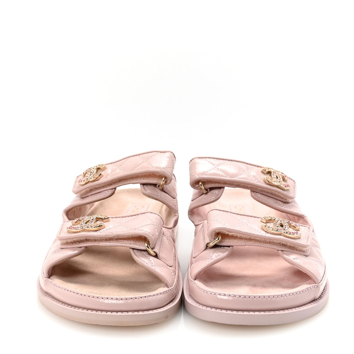 Shiny Calfskin Crystal Quilted Velcro Dad CC Slide Sandals 39 Light Pink