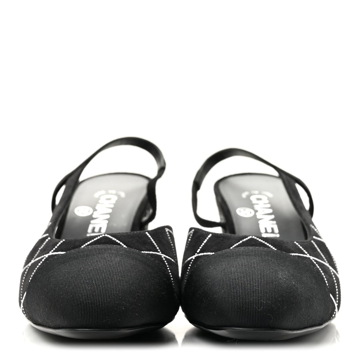 Suede Crystal Grosgrain Cap Toe CC Slingback Pumps 38 Black Silver
