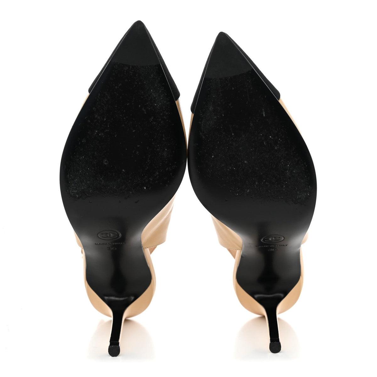 Goatskin Grosgrain Pointed Cap Toe CC Slingback Pumps 36 Beige Black