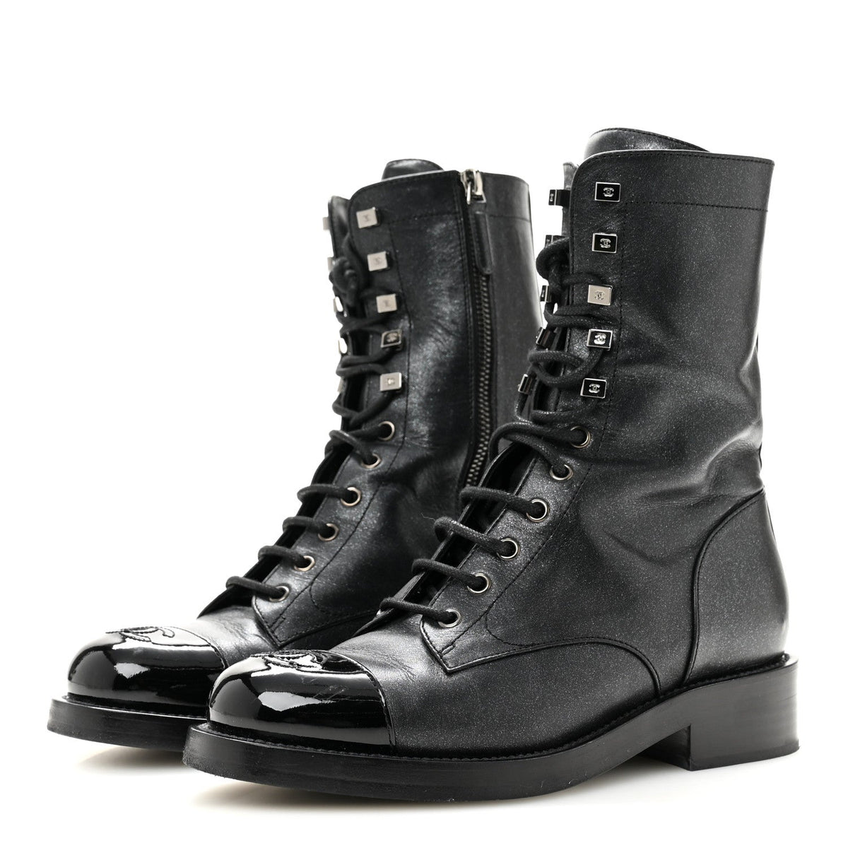 Iridescent Calfskin Patent Cap Toe Lace Up Combat Boots 38 Black