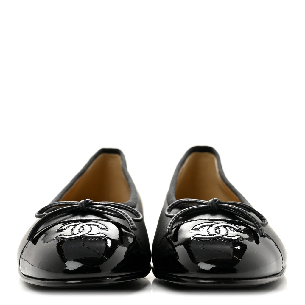 Lambskin Patent Cap Toe Ballerina Flats 37.5 Black