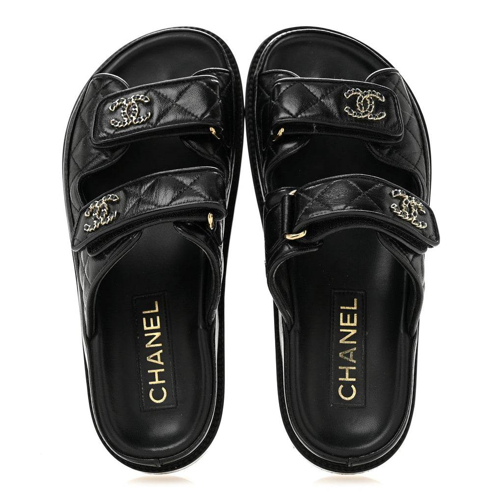 Lambskin Quilted Velcro Dad Chain CC Slide Sandals 36 Black