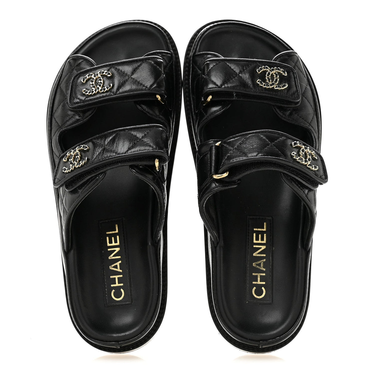 Lambskin Quilted Velcro Dad Chain CC Slide Sandals 36 Black
