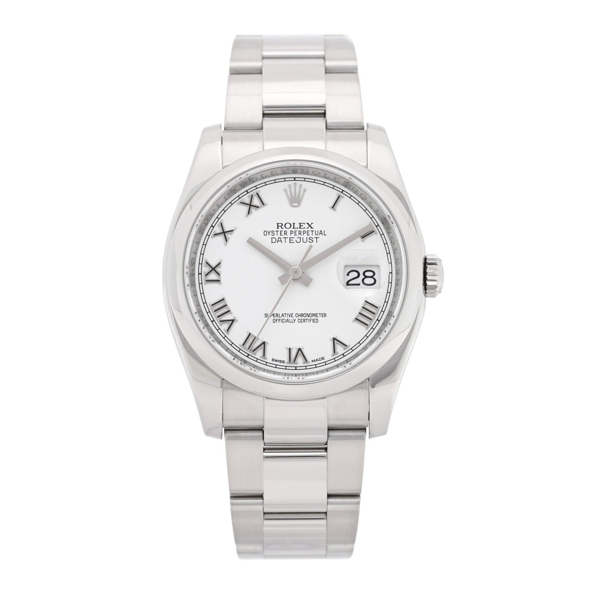 Stainless Steel 36mm Oyster Perpetual Datejust Watch White Roman 116200