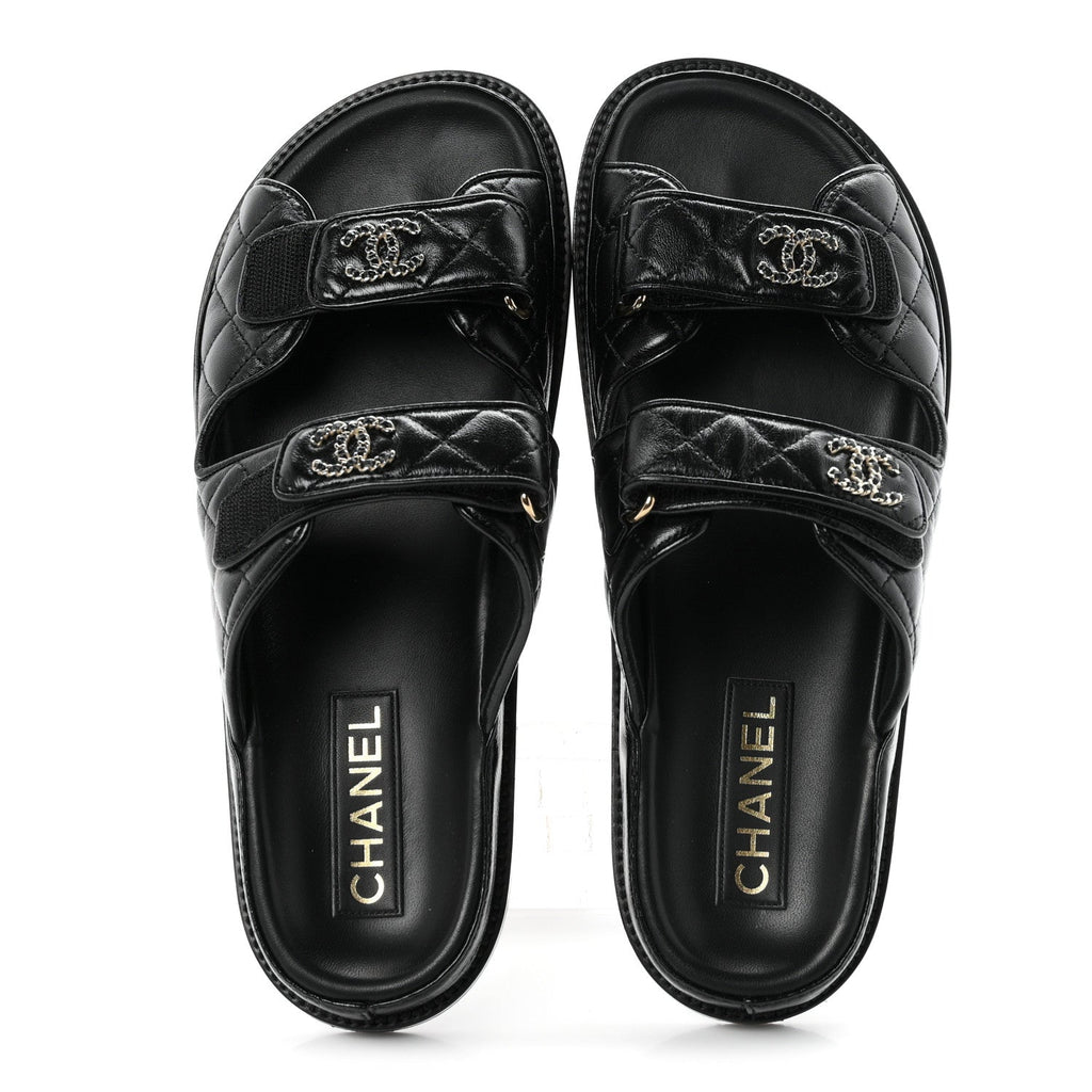 Lambskin Quilted Velcro Dad Chain CC Slide Sandals 39.5 Black
