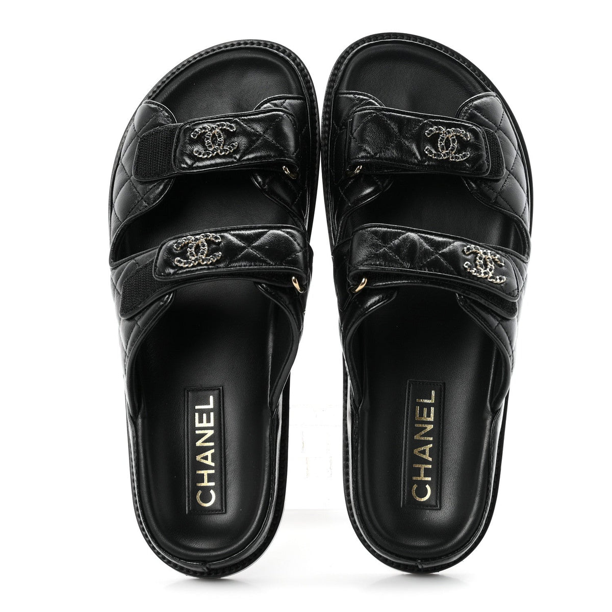 Lambskin Quilted Velcro Dad Chain CC Slide Sandals 39.5 Black
