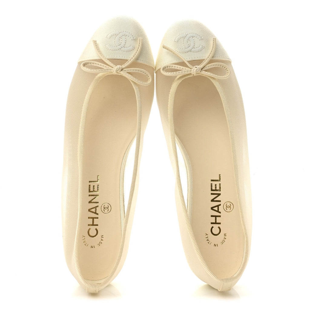Mesh Grosgrain Cap Toe Ballerina Flats 38 Ivory
