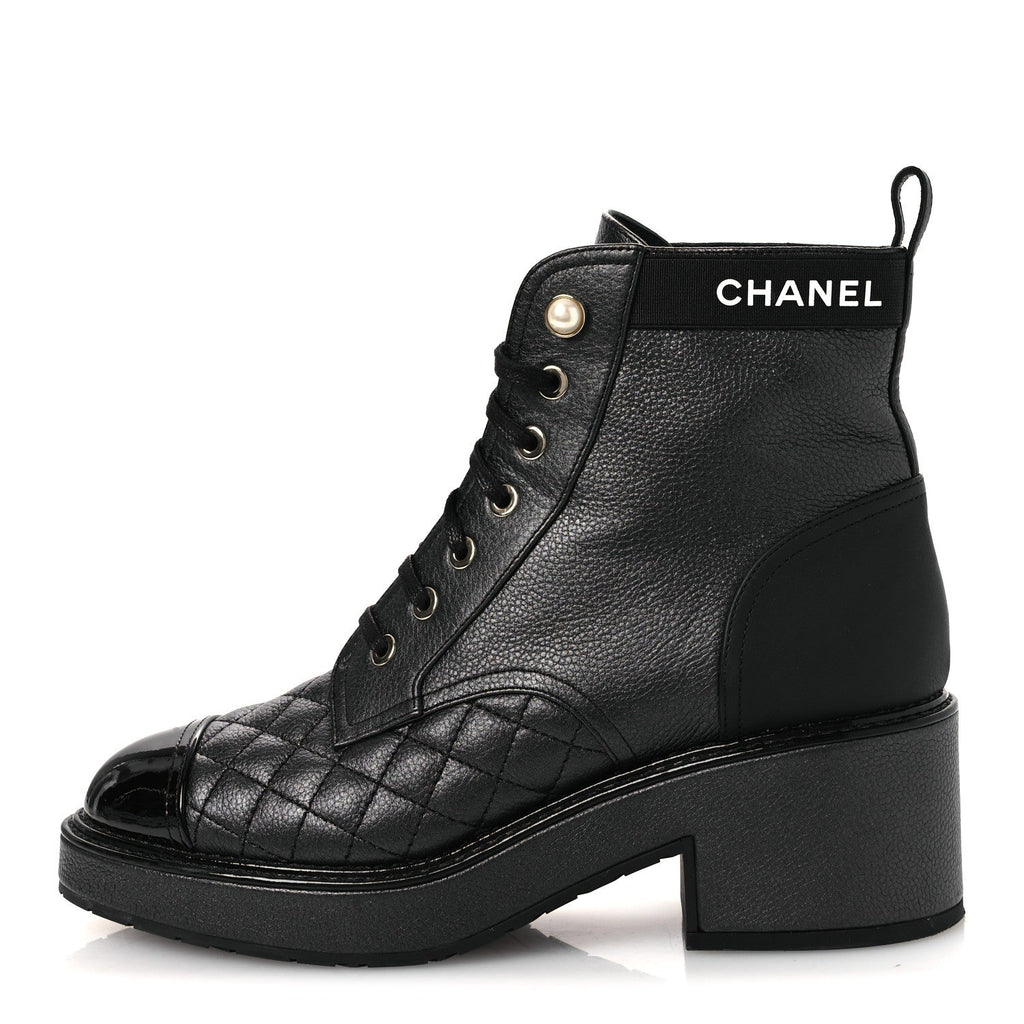 Pearly Calfskin Patent Calfskin Lace Up Combat Boots 38 Black
