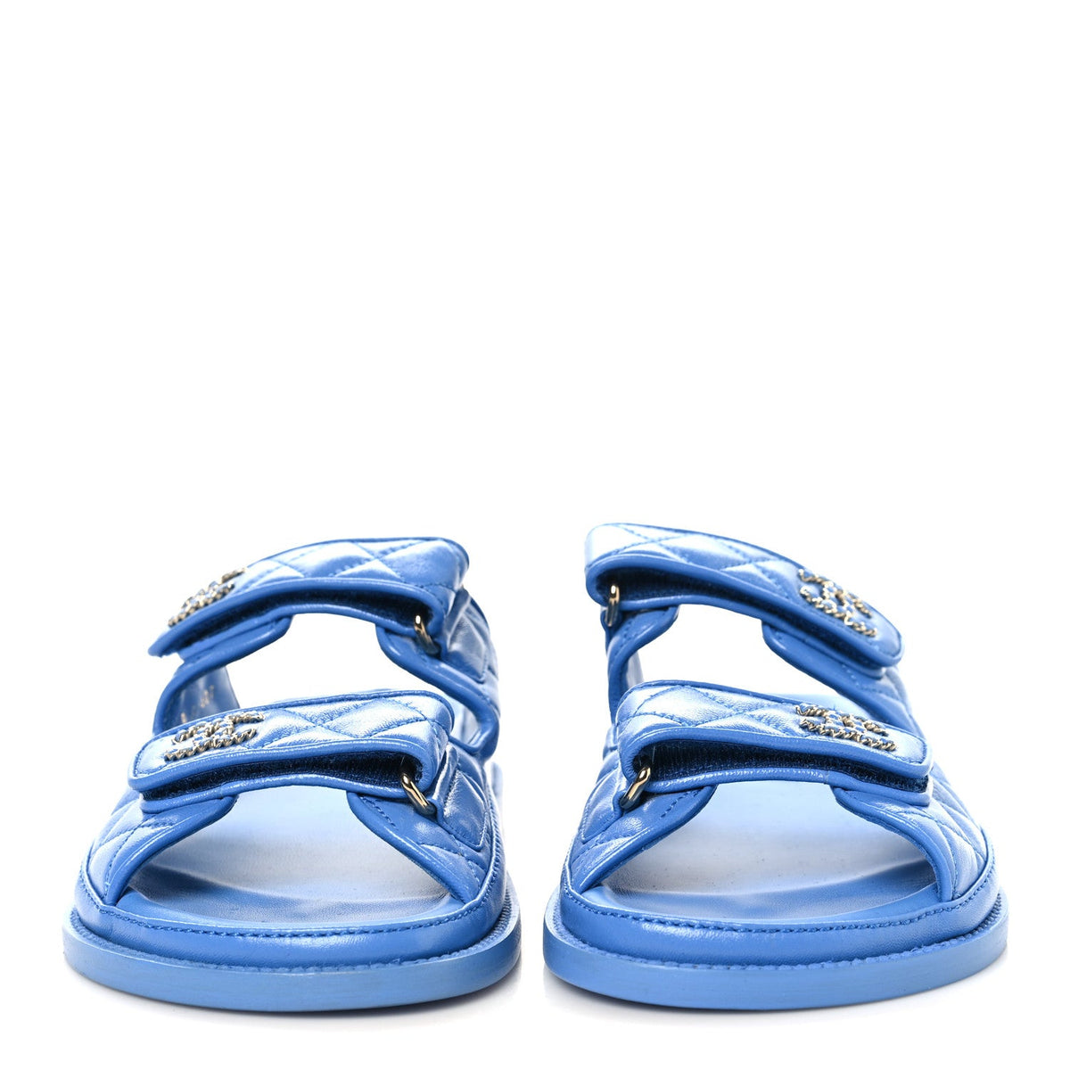 Lambskin Quilted Velcro Dad Chain CC Slide Sandals 37 Blue